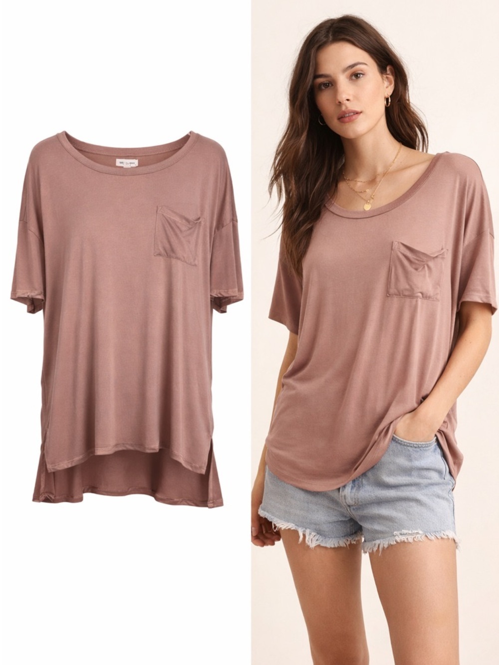Silence + Noise | Mauve Modal Pocket Tee | Soft Relaxed Fit Top | Size M